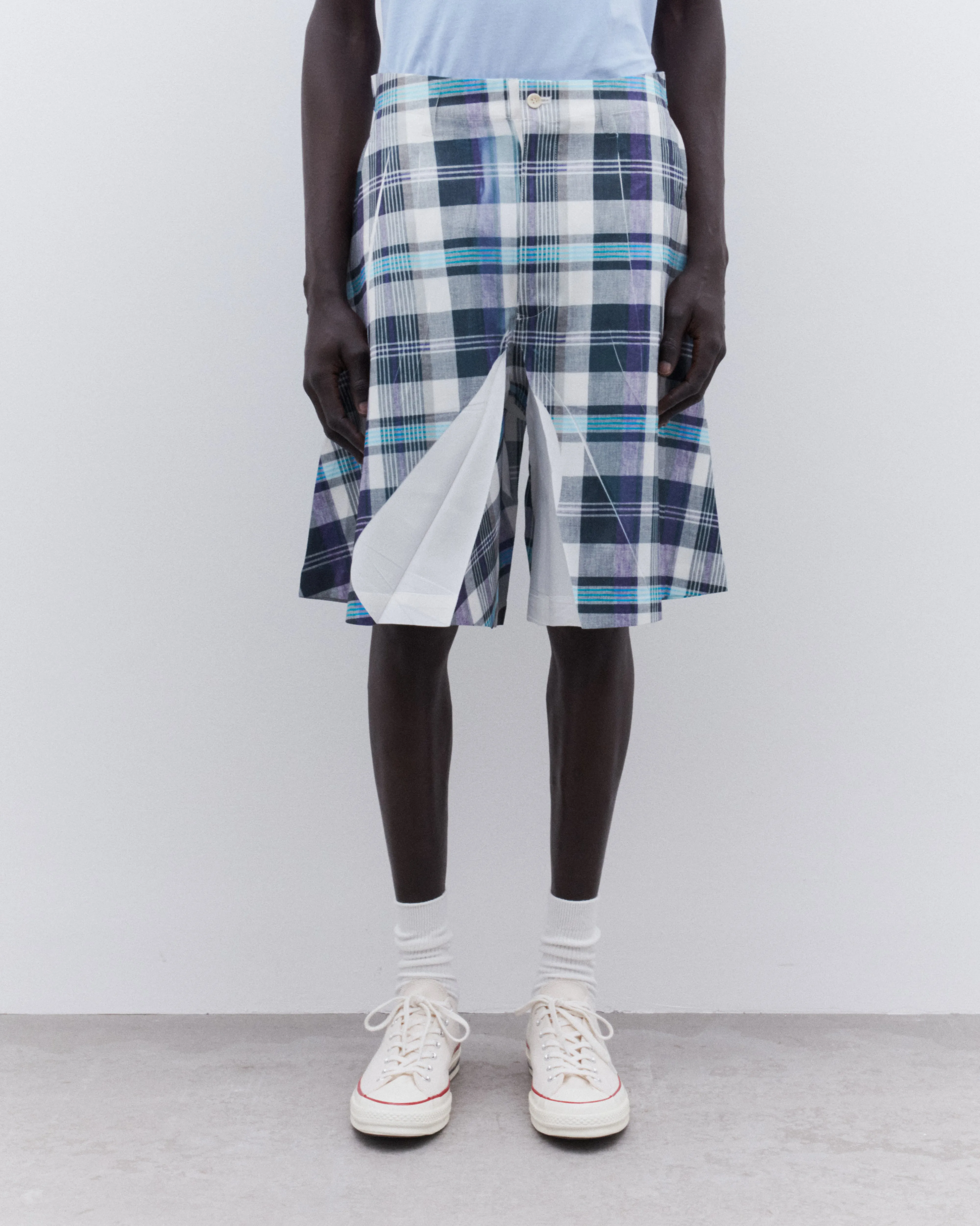 CDG Shirt - Men's Tartan Overprint Shorts - (White/Blue)