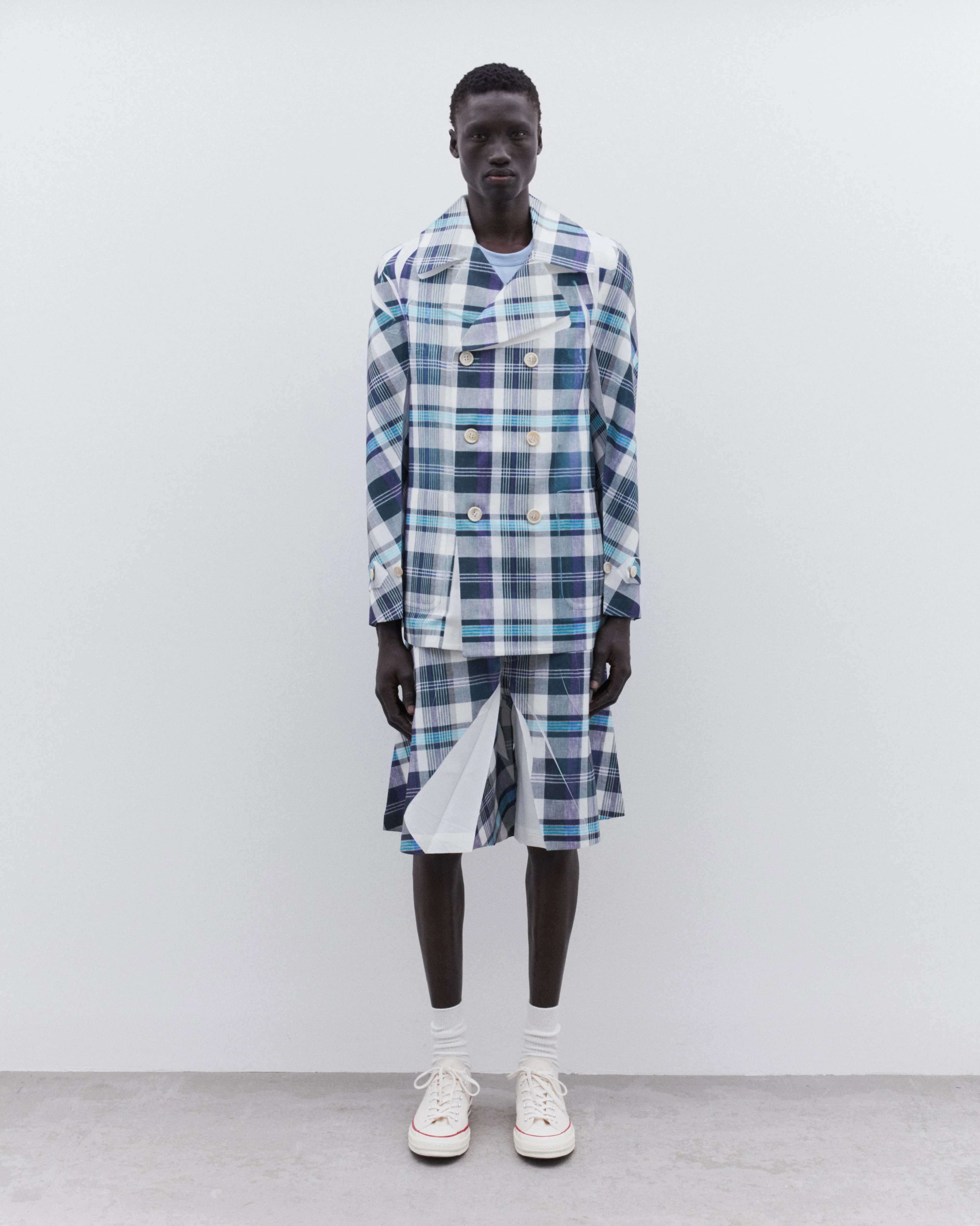 CDG Shirt - Men's Tartan Overprint Shorts - (White/Blue)