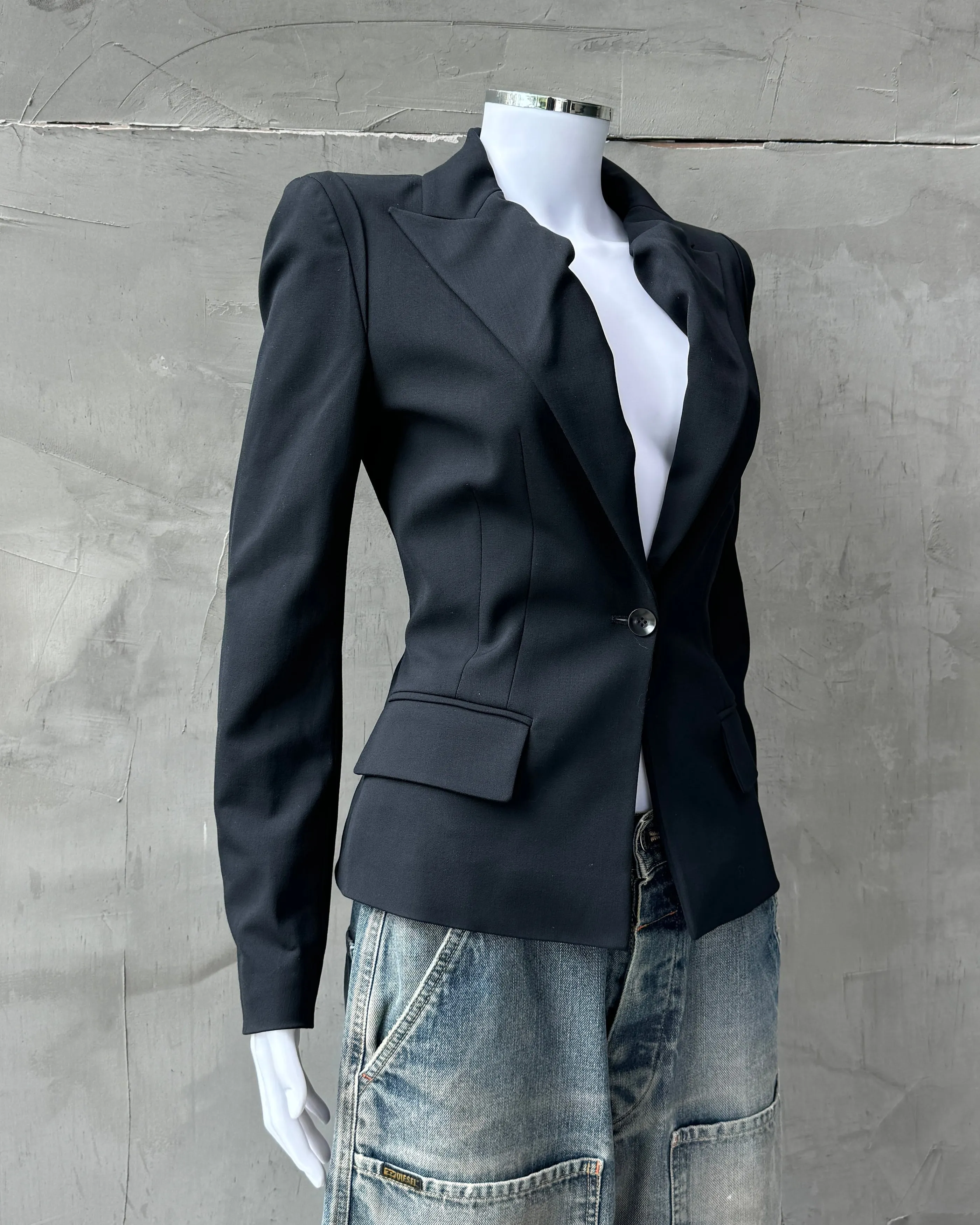 PLEIN SUD FAYCAL AMOR 90'S PEAK LAPEL BLACK BLAZER - S/M