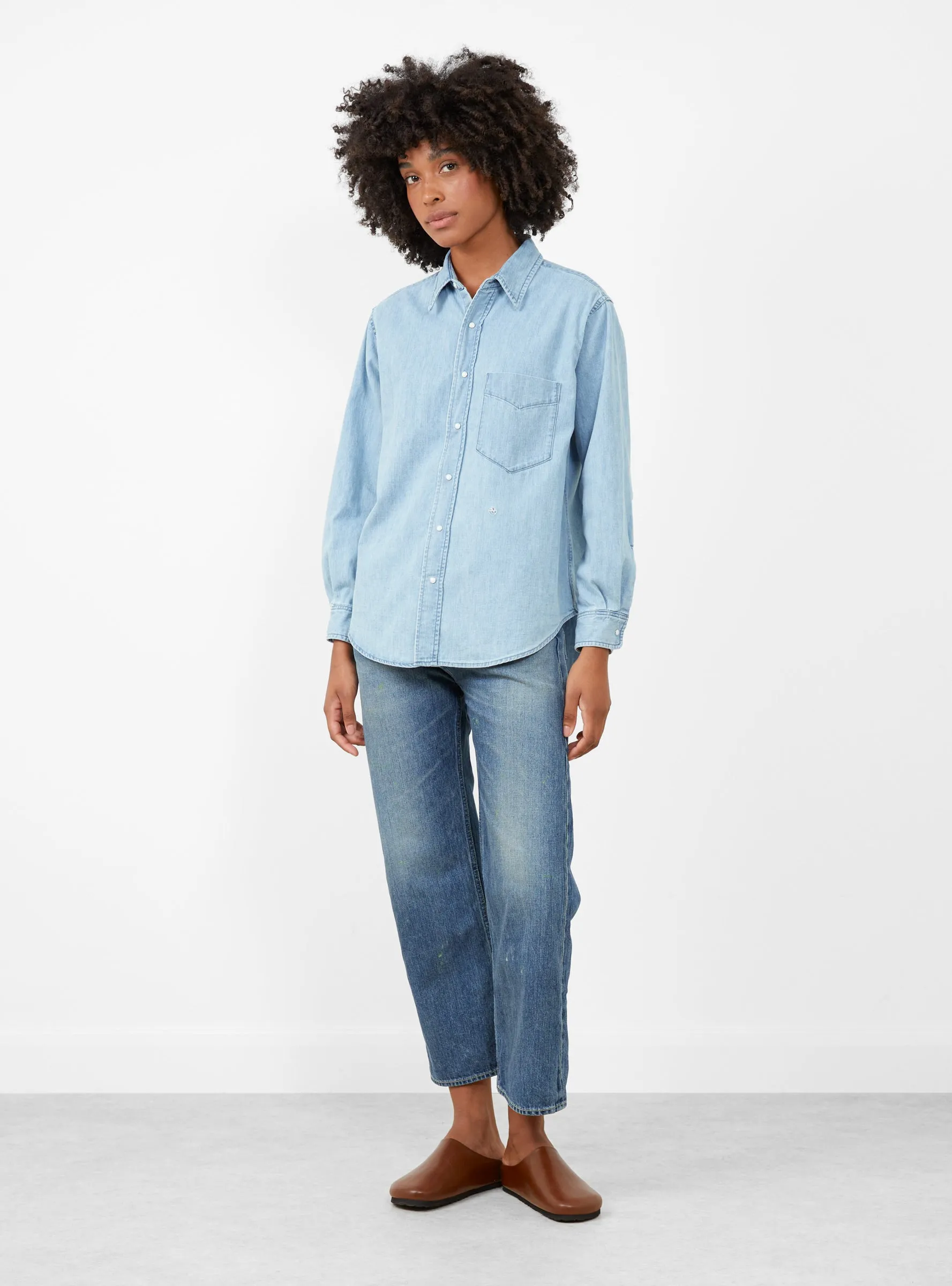 Regular Collar Light Denim Shirt Indigo Bleach