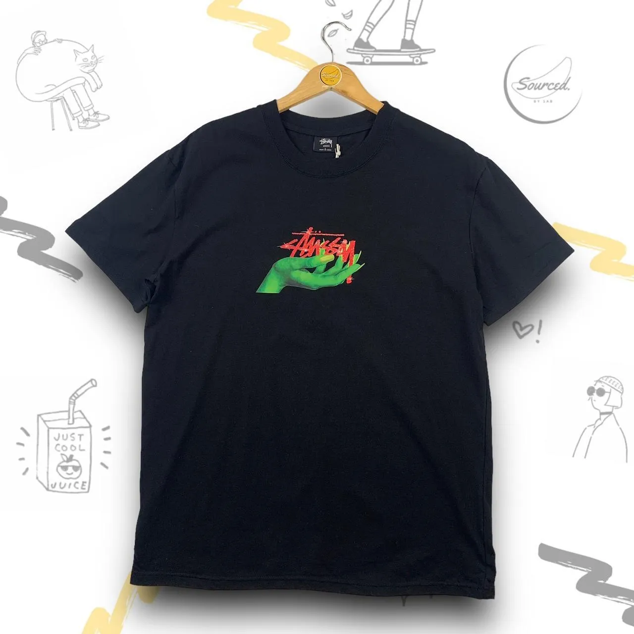 Stssy Black T-shirt Green Hand Graphic