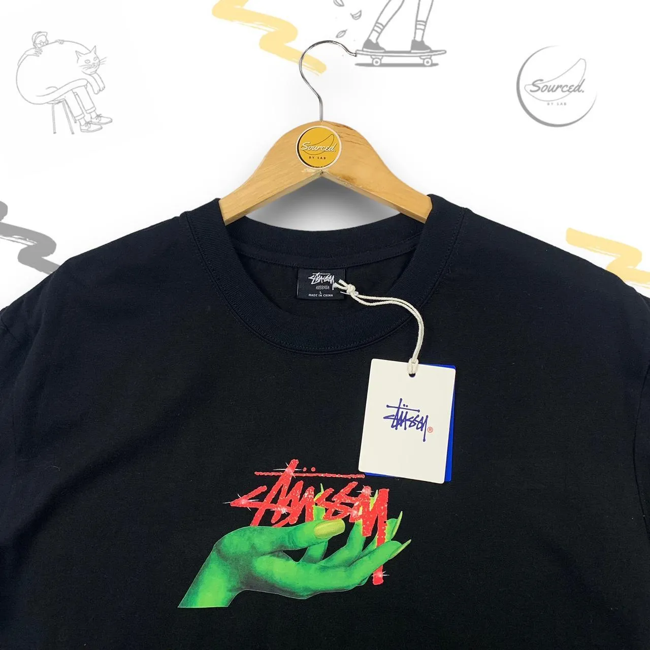 Stssy Black T-shirt Green Hand Graphic
