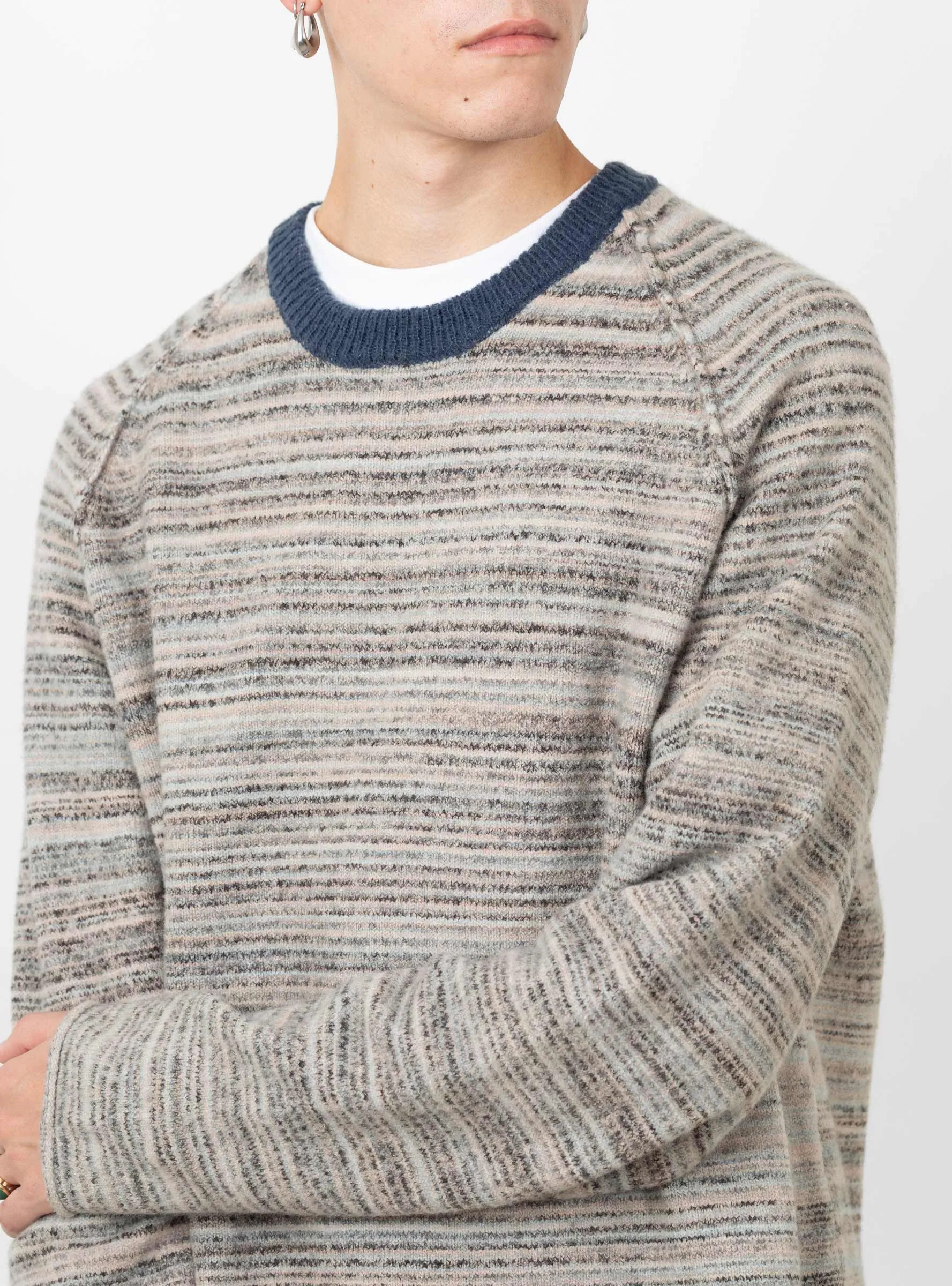Textured Contrast Collar Crew Grey Multi