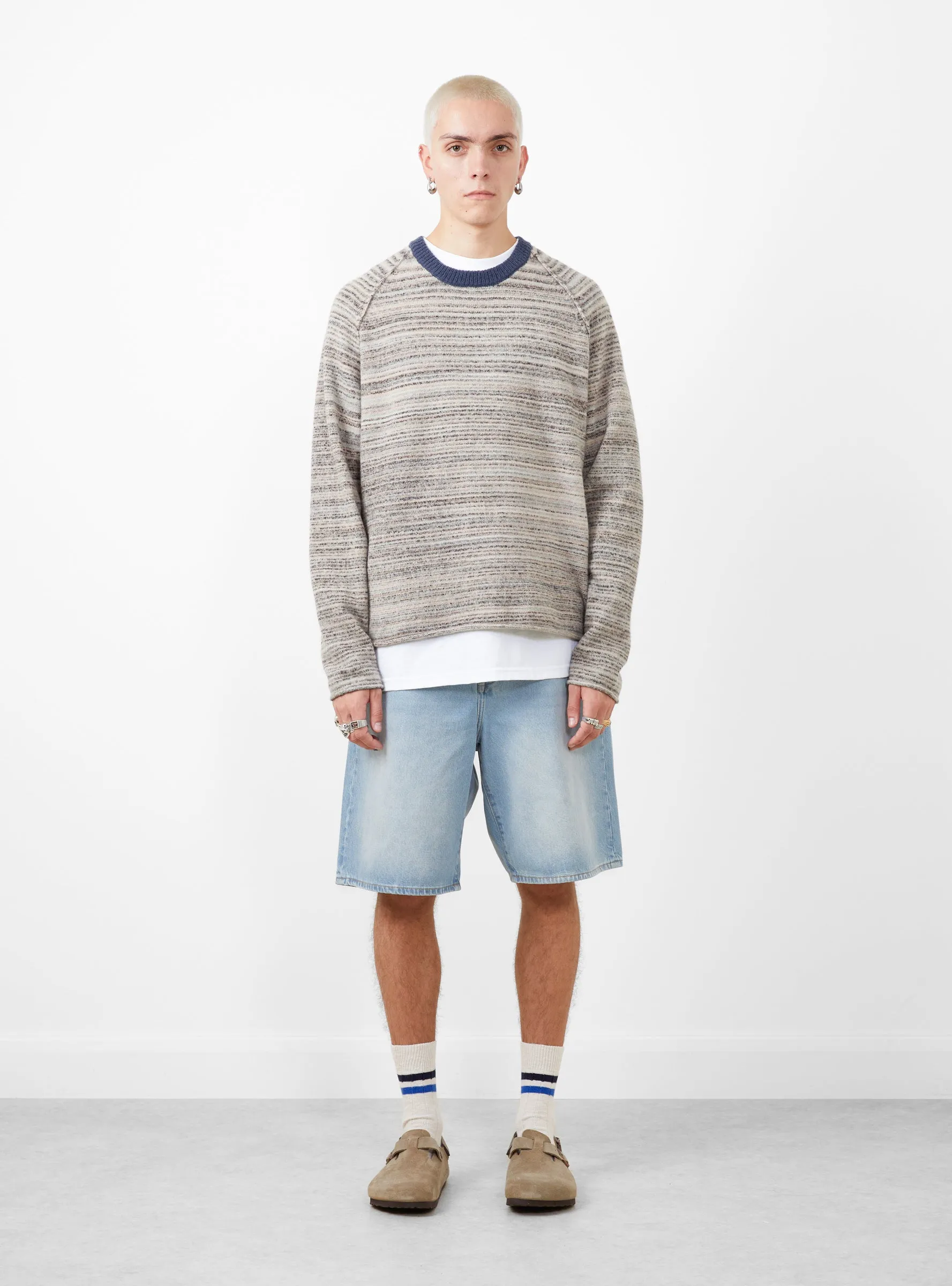 Textured Contrast Collar Crew Grey Multi